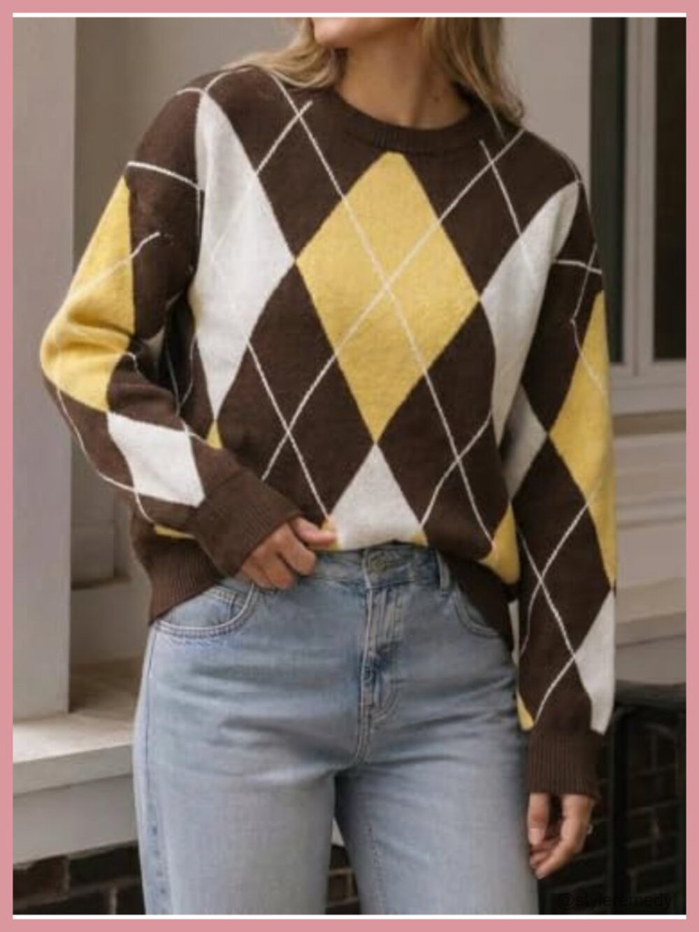 Women's Argyle Knit Pullover Sweater Long Sleeve Crewneck Loose Fit Top - Picture 2 of 6